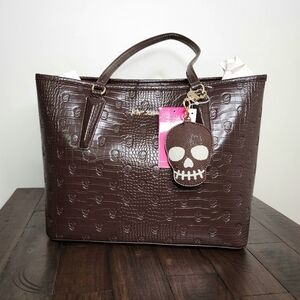 Betsey Johnson Chocolate Crocodile Embossed Skullicious Tote Bag Whimsigoth
